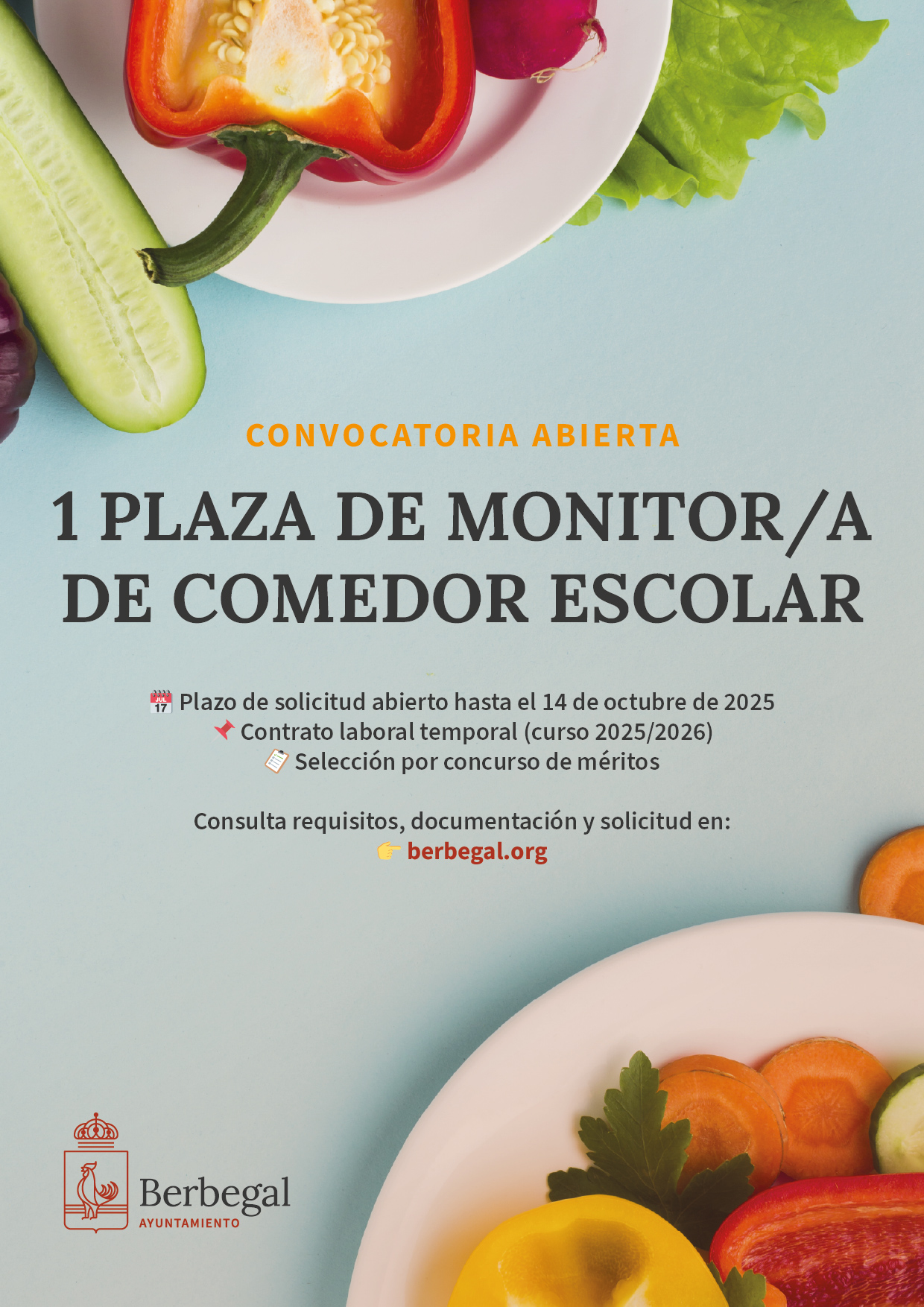 Cartel convocatoria monitor/a de comedor escolar en Berbegal (curso 2025/2026)