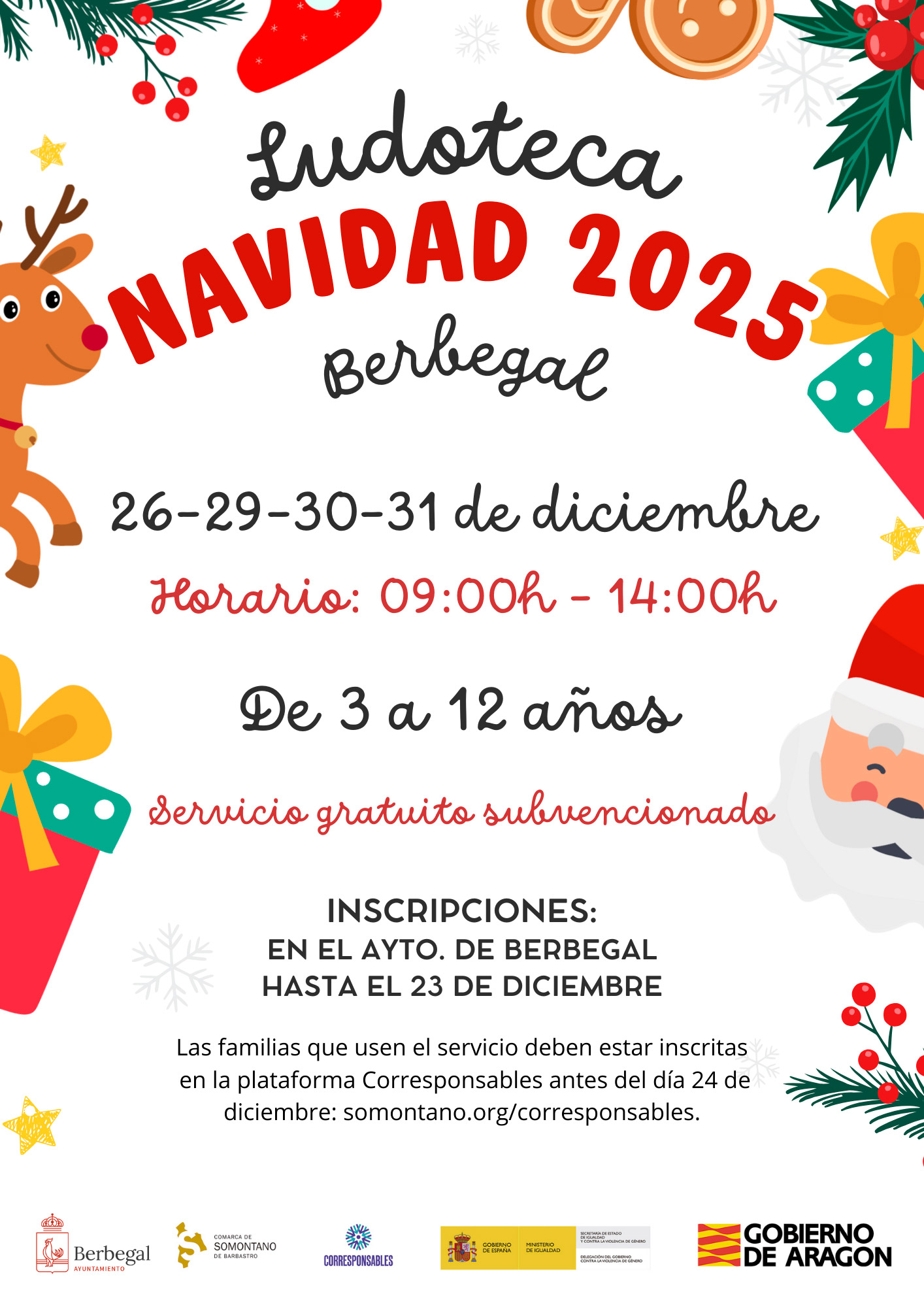 Cartel de la Ludoteca de Navidad 2025 en Berbegal, servicio subvencionado por el Plan Corresponsables